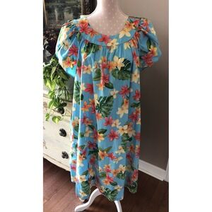 Puanani RJC Hawaiian Floral Dress Womens Size Large Blue Plumeria Muumuu Cotton